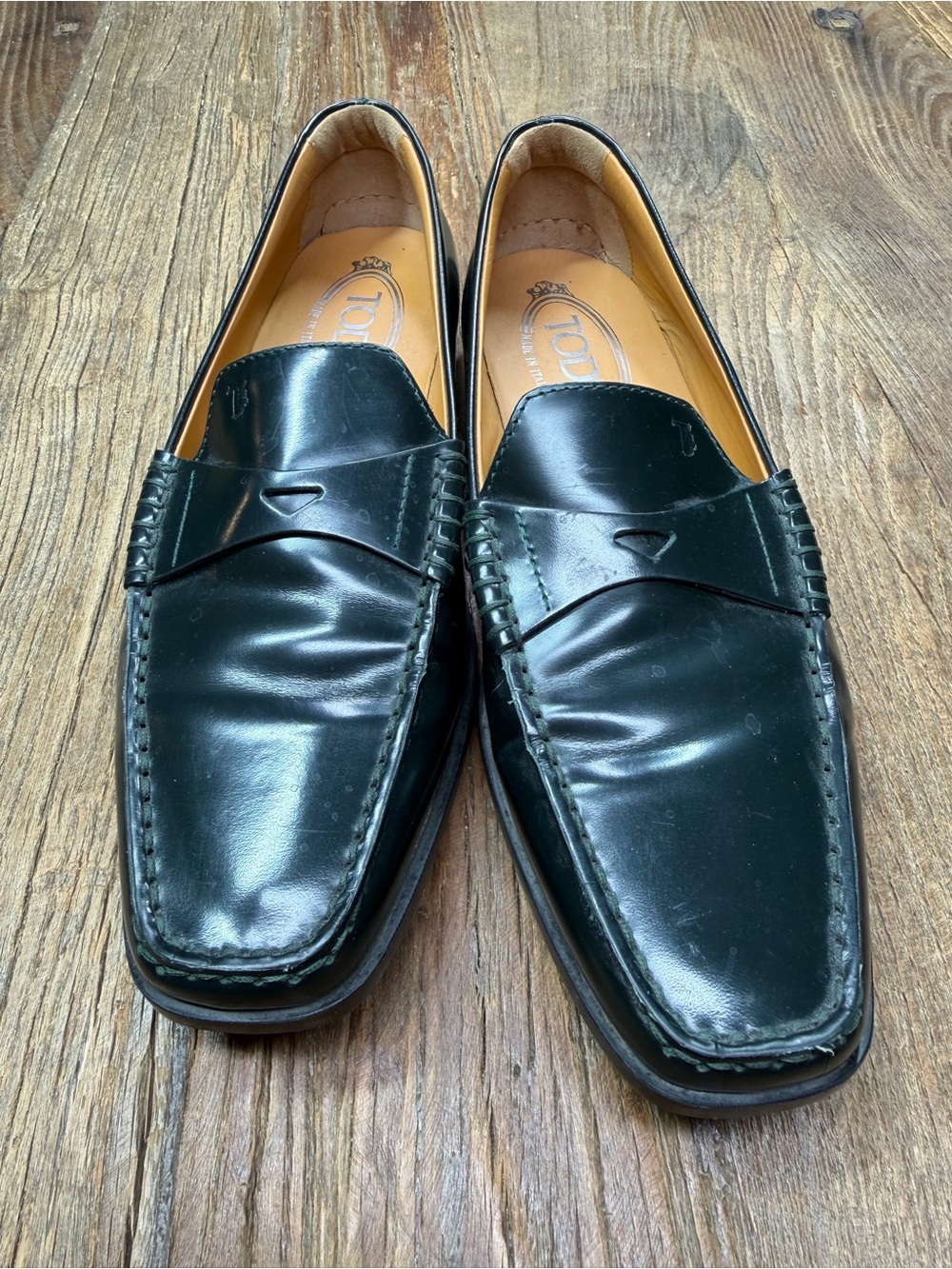 Tod's Women's Dark Green Leather Penny Loafers Size 37 ~ US 7 - Picture 3 of 15
